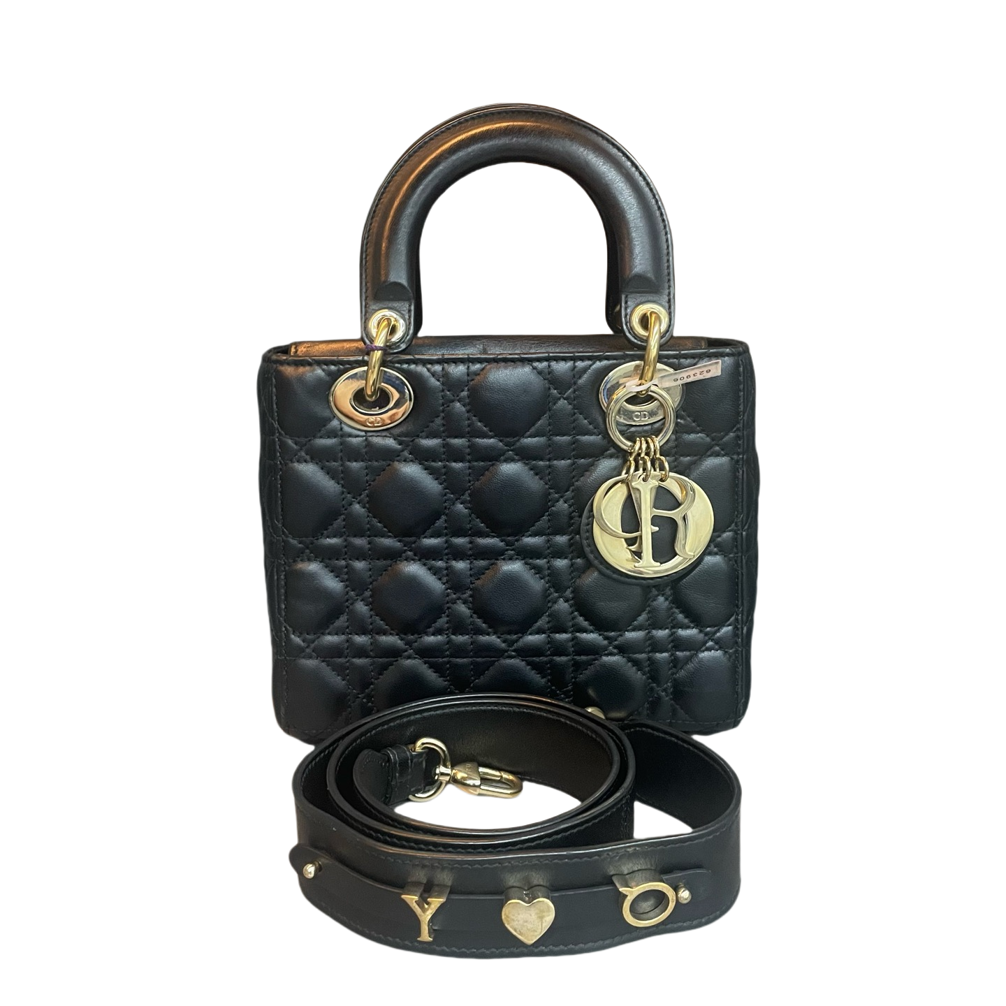 Dior Lady dior middle size sheepskin black gold with Letter shoulder straps