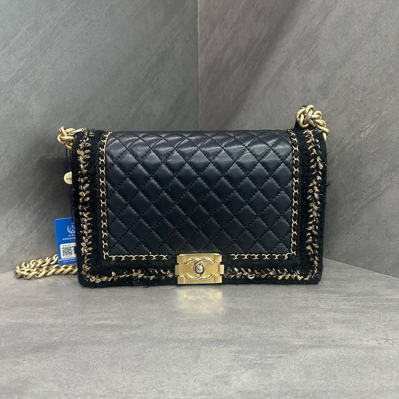 Chanel leboy sheepskin with woolen fabric middle-large size black