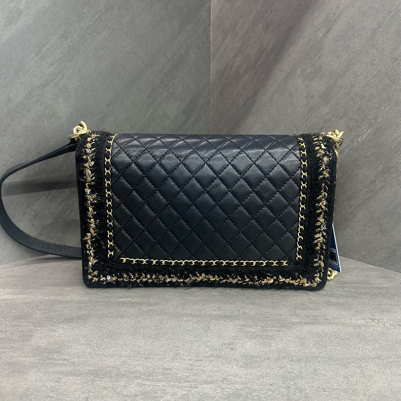 Chanel leboy sheepskin with woolen fabric middle-large size black