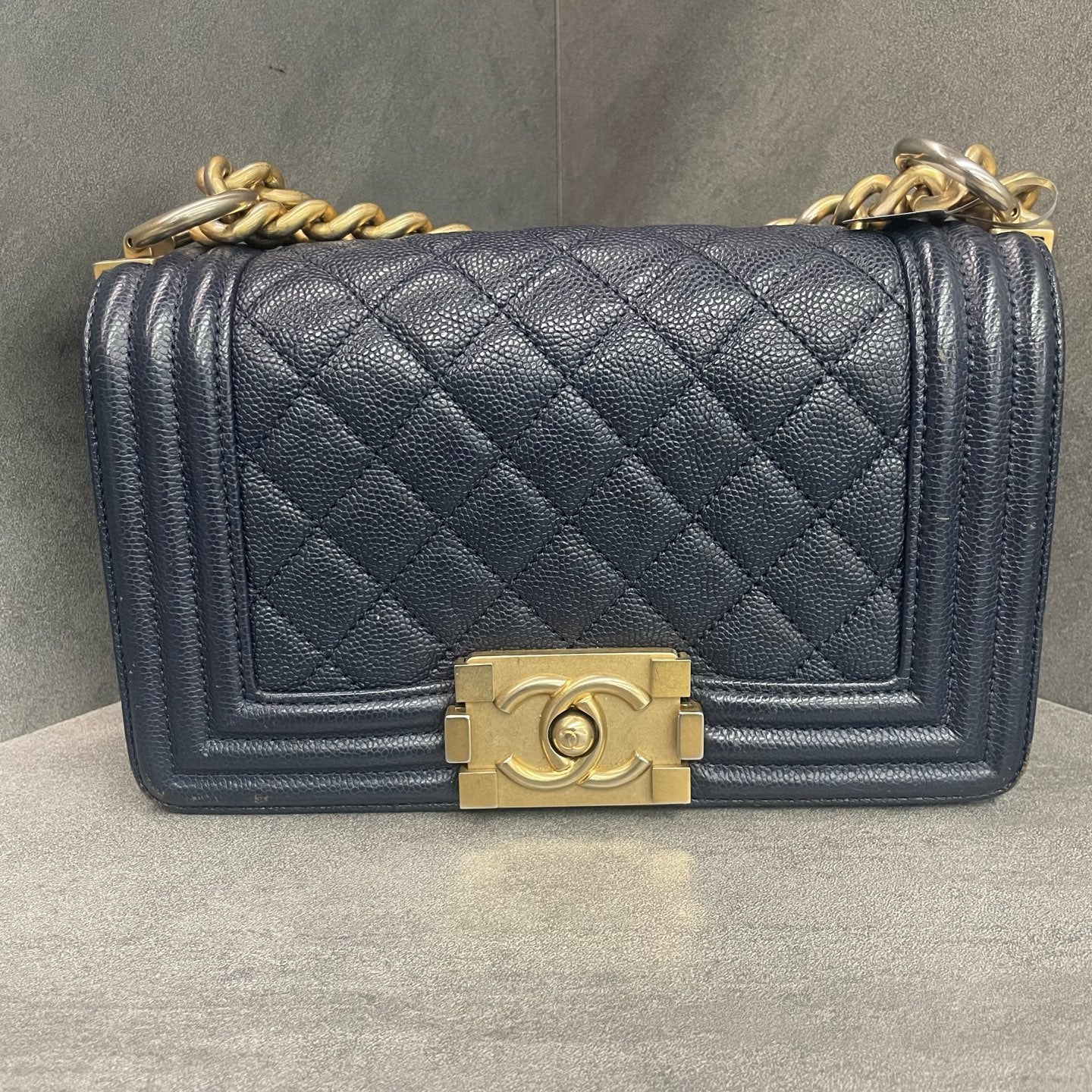 Chanel leboy lichee pattern cowhide small size Blue-Gold