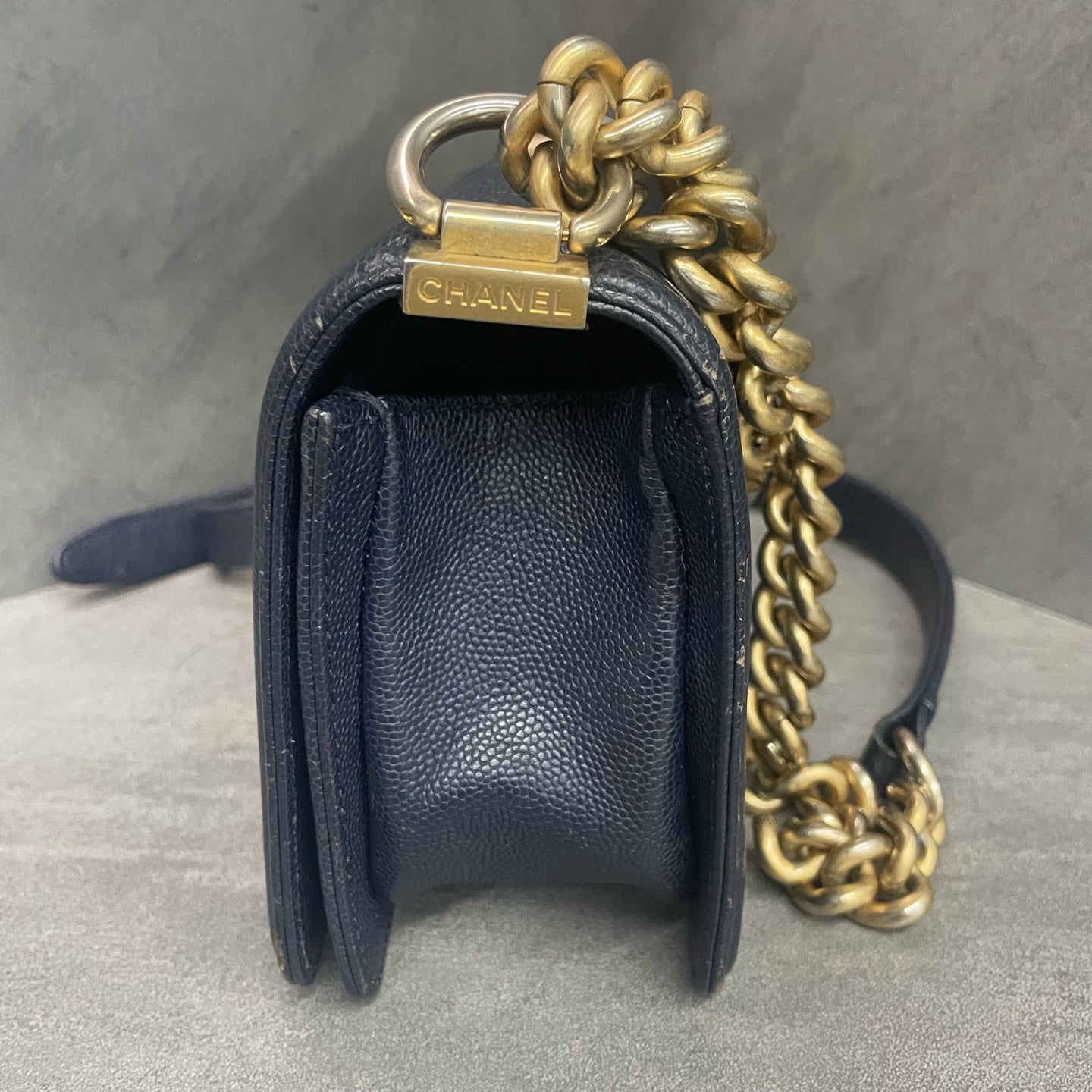 Chanel leboy lichee pattern cowhide small size Blue-Gold