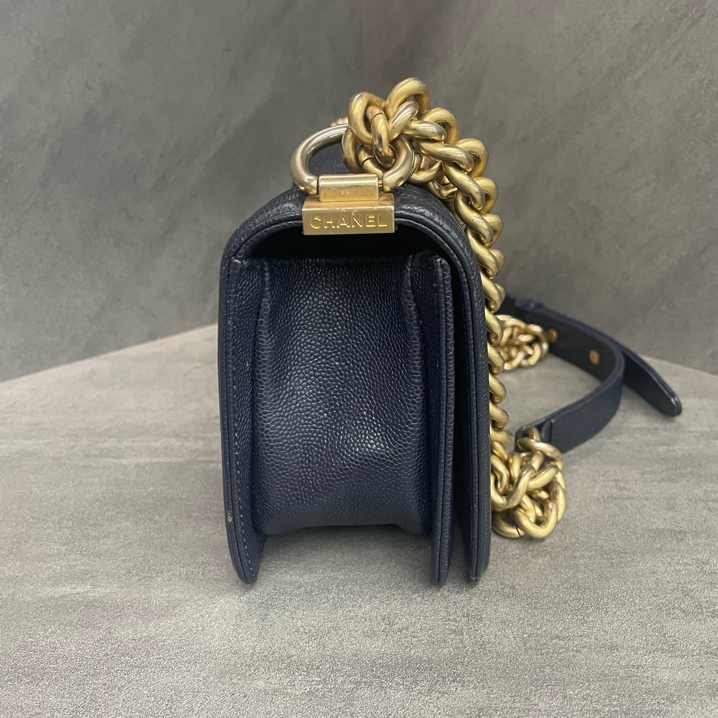 Chanel leboy lichee pattern cowhide small size Blue-Gold