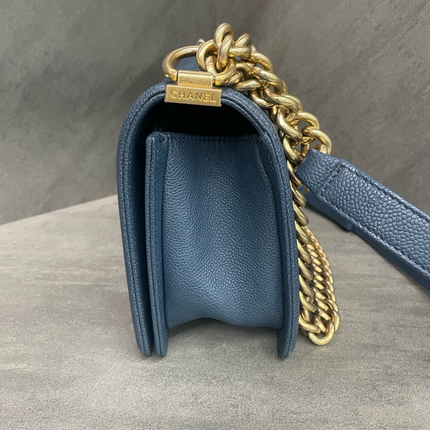 Chanel leboy lichee pattern cowhide middle sizeBlue-Gold