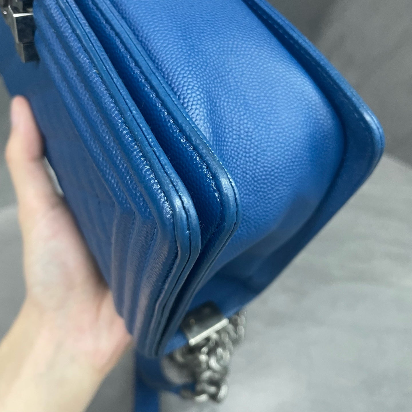 Chanel leboy lichee pattern cowhide middle size Blue-Sliver