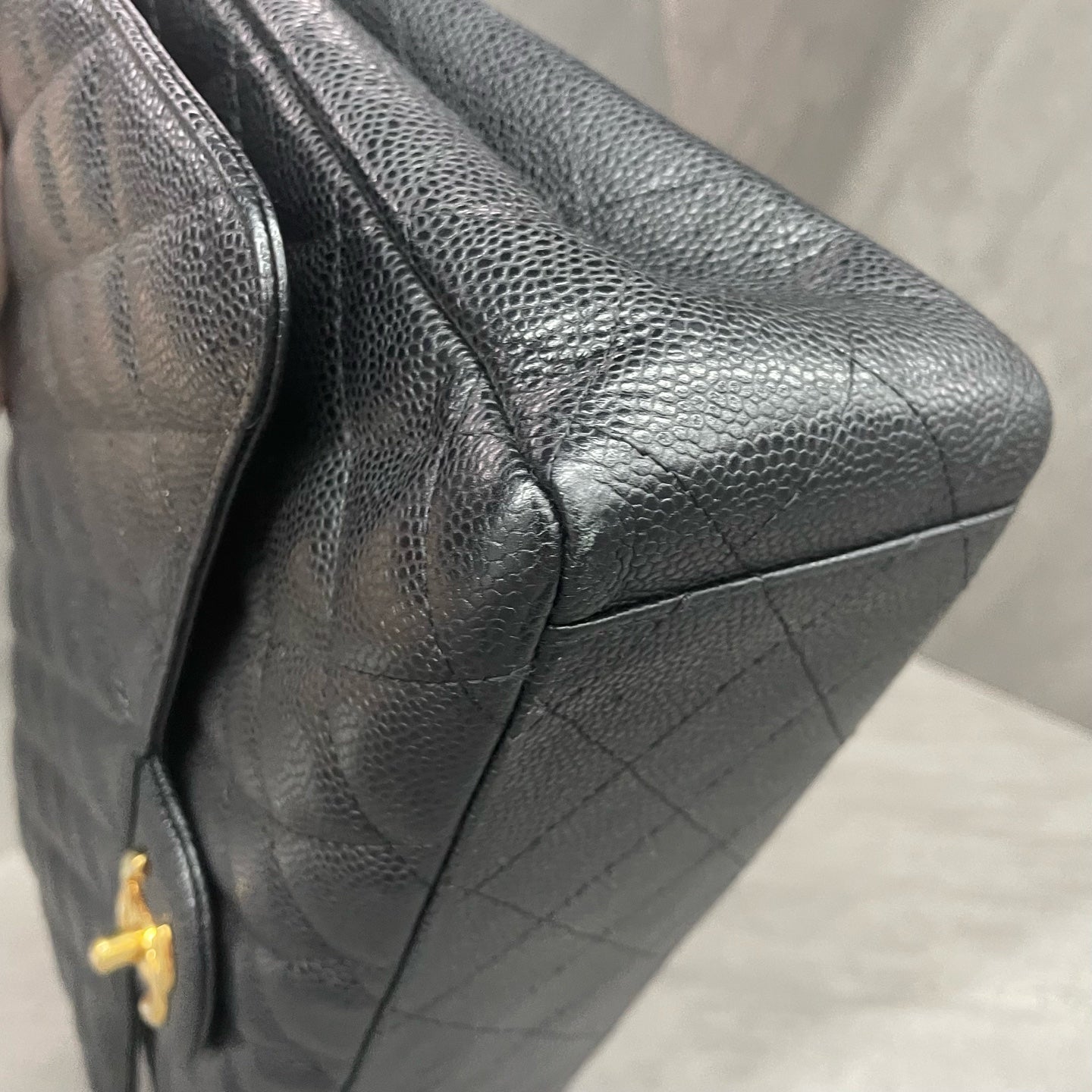 Chanel Classic Flap  lichee pattern cowhide Maxi Black-Gold