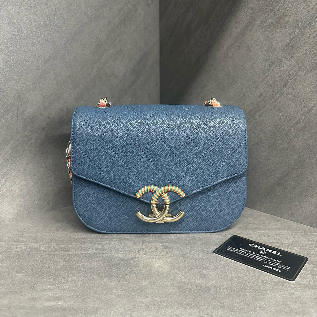 Chanel Flap Cuban series lichee pattern cowhide Blue