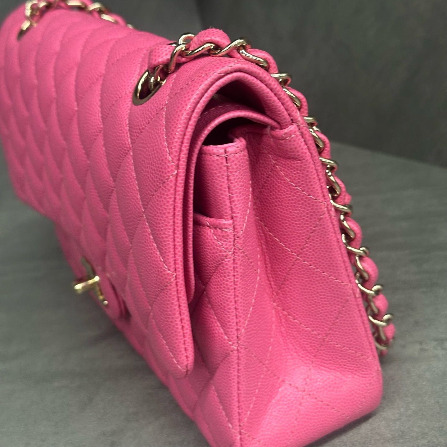 Chanel Classic Flap middle size  lichee pattern cowhide Pink-Gold