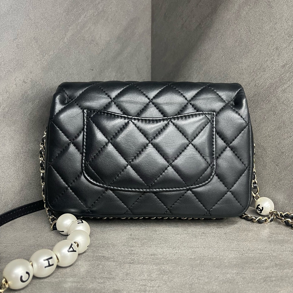 Chanel Classic Flap mini square sheepskin black-gold with Pearl chains