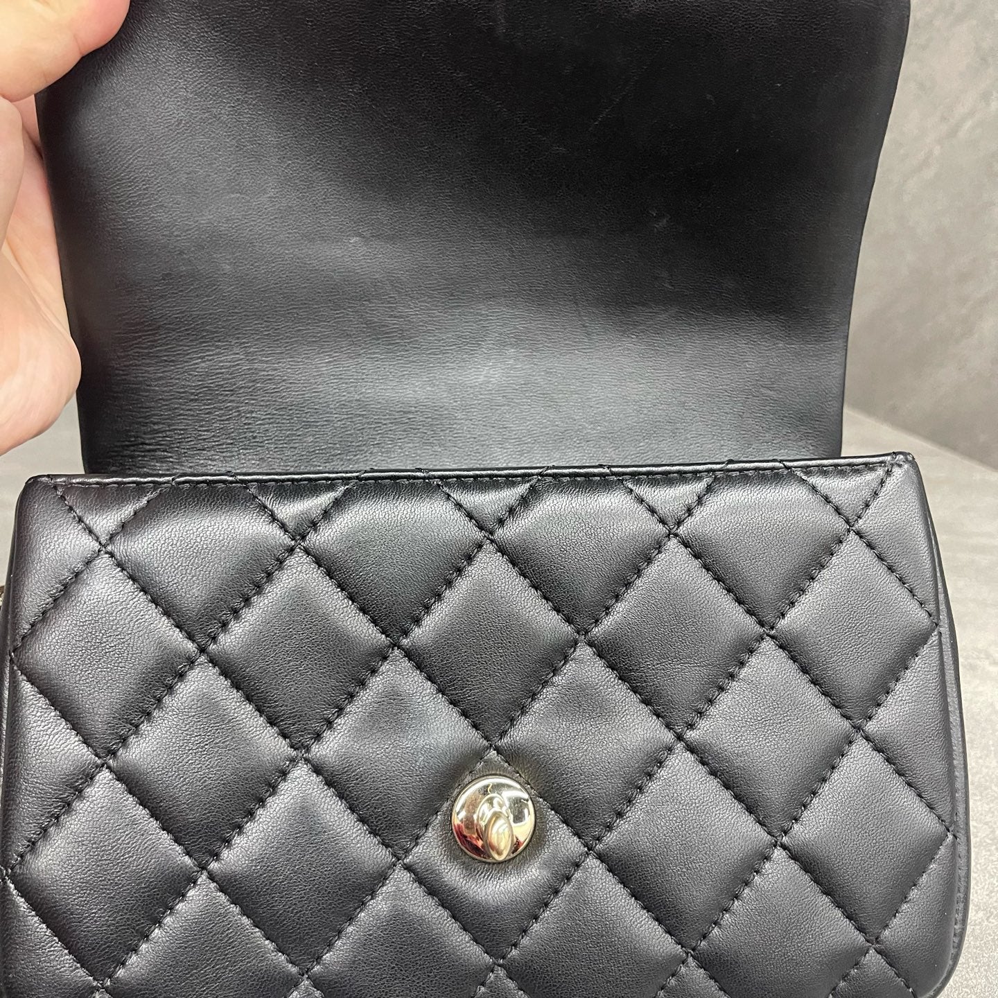 Chanel Classic Flap mini square sheepskin black-gold with Pearl chains