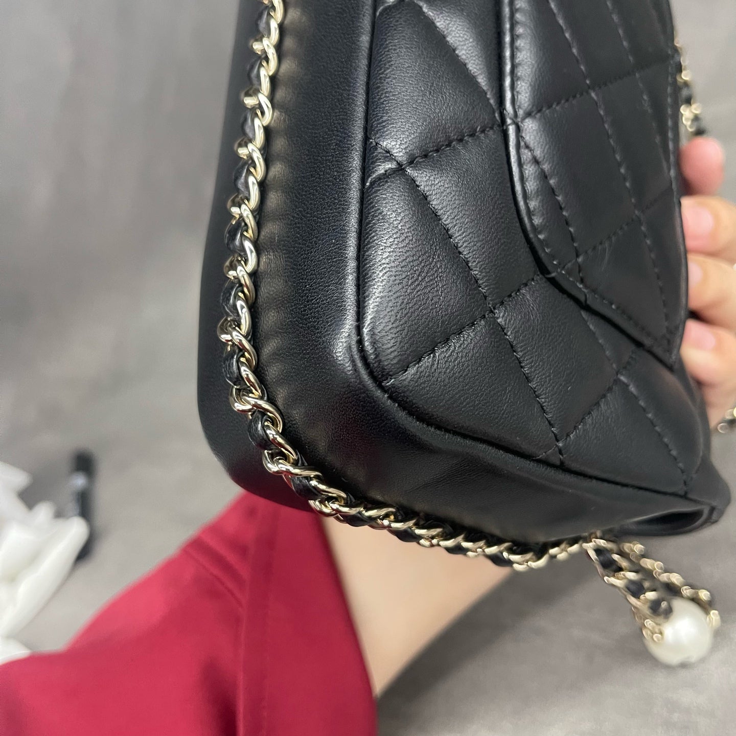 Chanel Classic Flap mini square sheepskin black-gold with Pearl chains