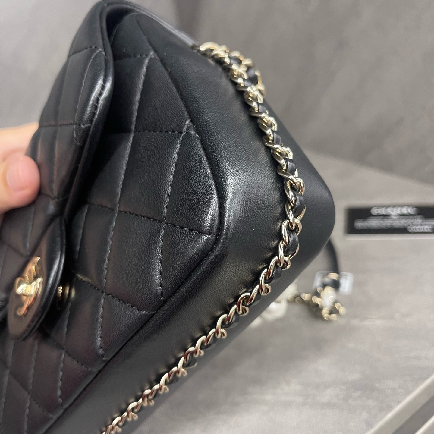 Chanel Classic Flap mini square sheepskin black-gold with Pearl chains
