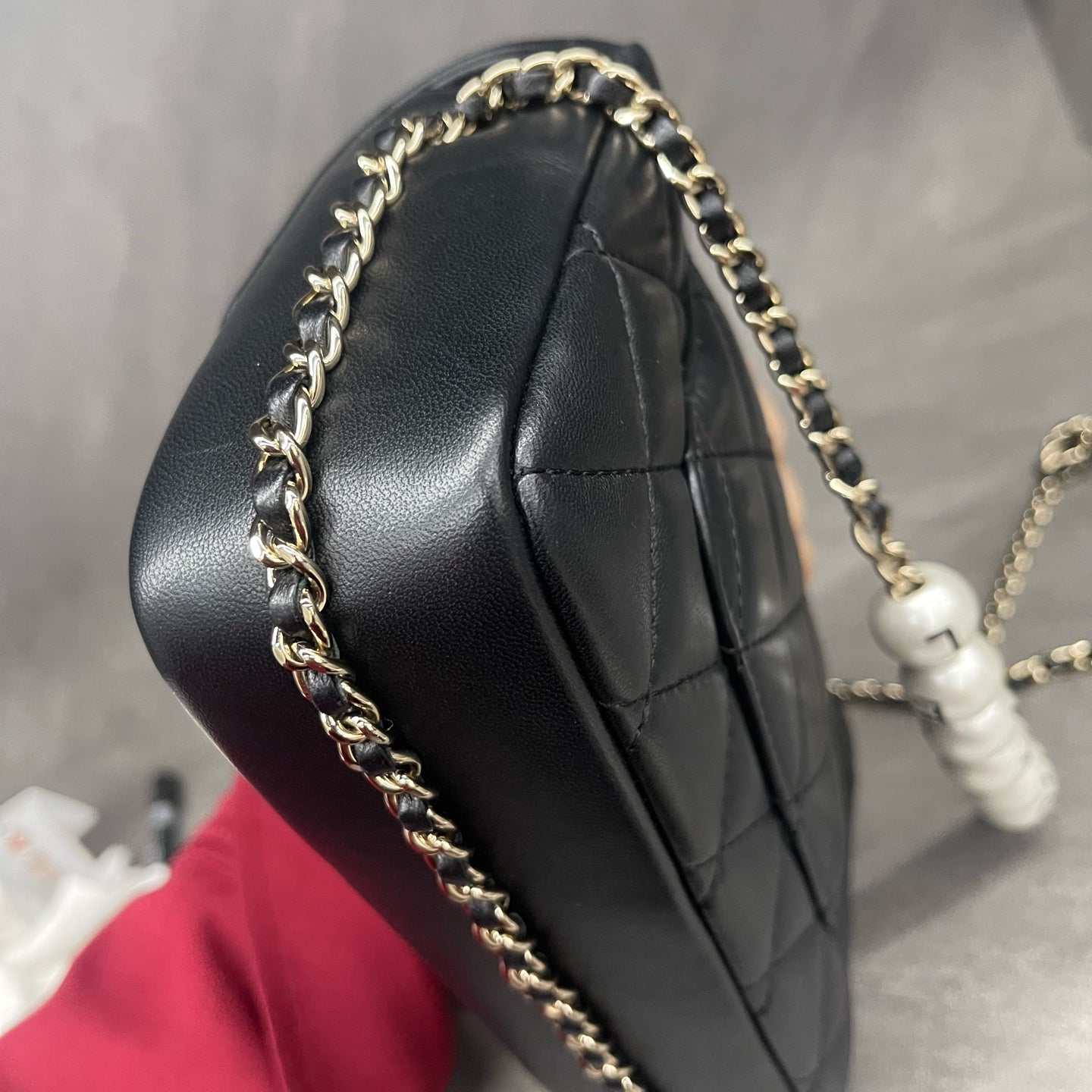 Chanel Classic Flap mini square sheepskin black-gold with Pearl chains