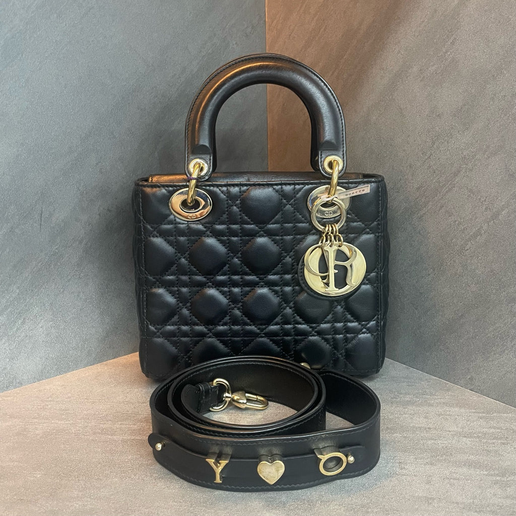 Dior Lady dior middle size sheepskin black gold with Letter shoulder straps