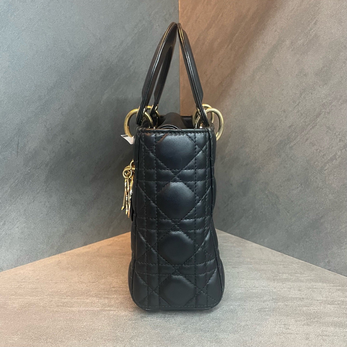 Dior Lady dior middle size sheepskin black gold with Letter shoulder straps