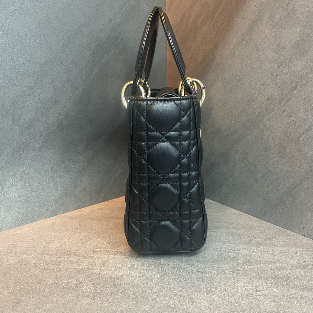Dior Lady dior middle size sheepskin black gold with Letter shoulder straps