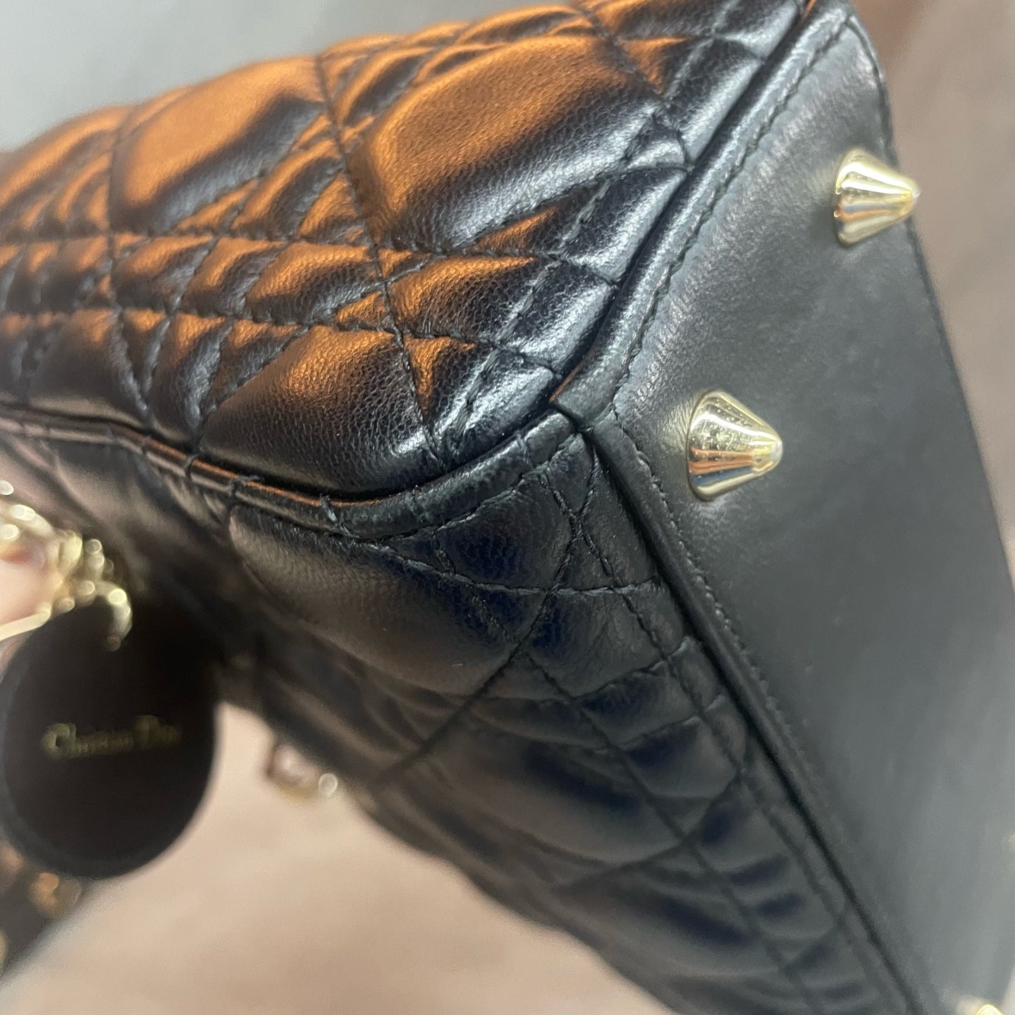 Dior Lady dior middle size sheepskin black gold with Letter shoulder straps