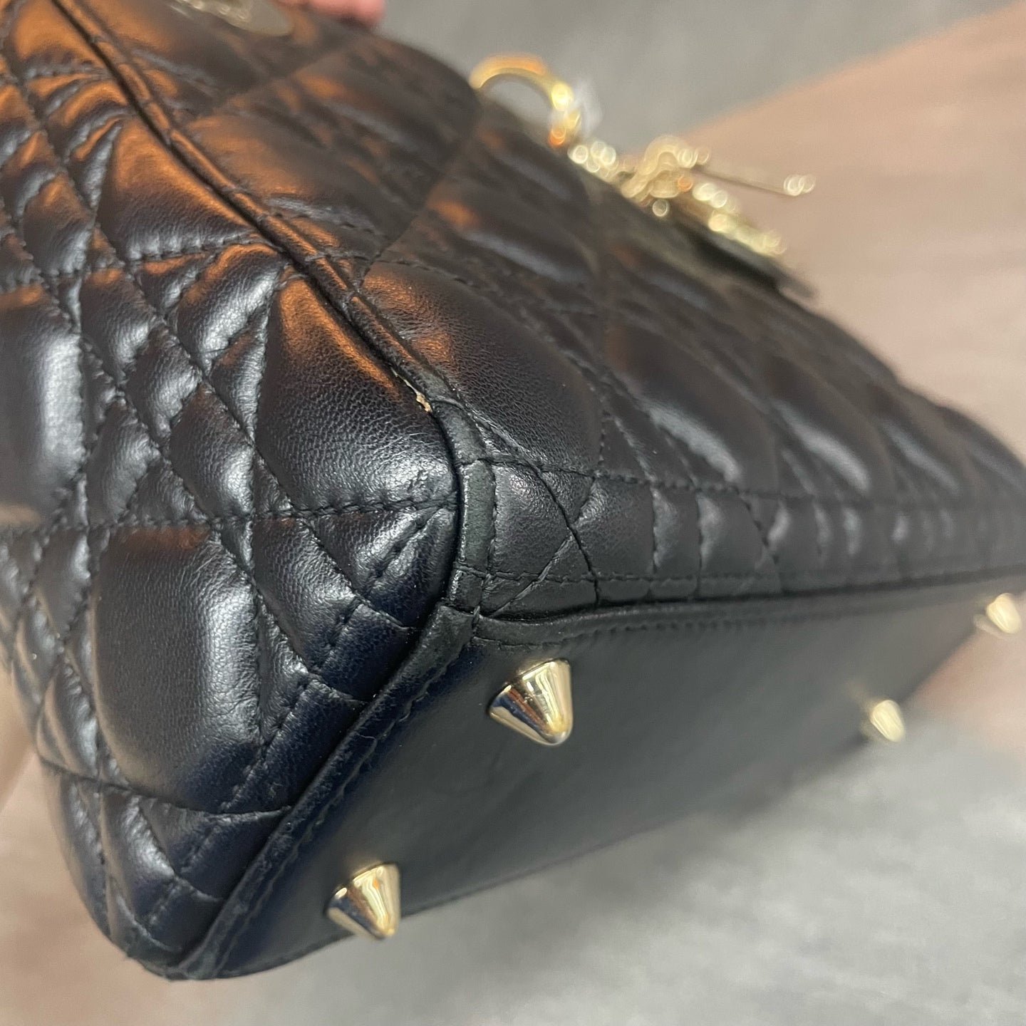 Dior Lady dior middle size sheepskin black gold with Letter shoulder straps
