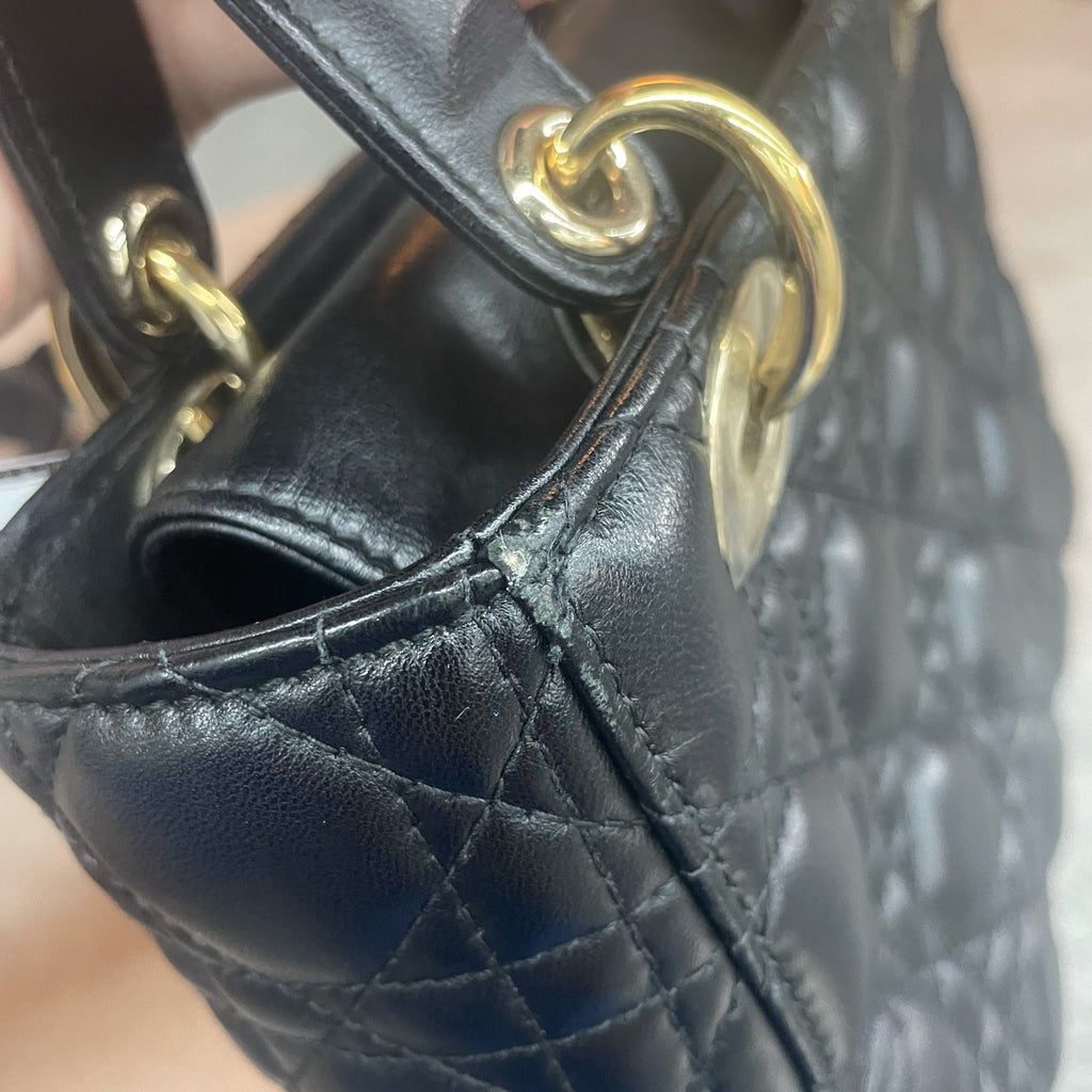 Dior Lady dior middle size sheepskin black gold with Letter shoulder straps