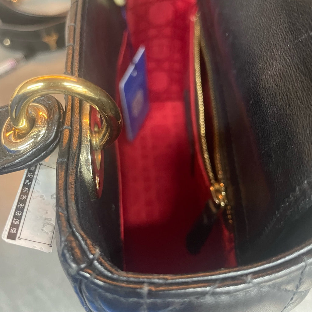 Dior Lady dior middle size sheepskin black gold with Letter shoulder straps