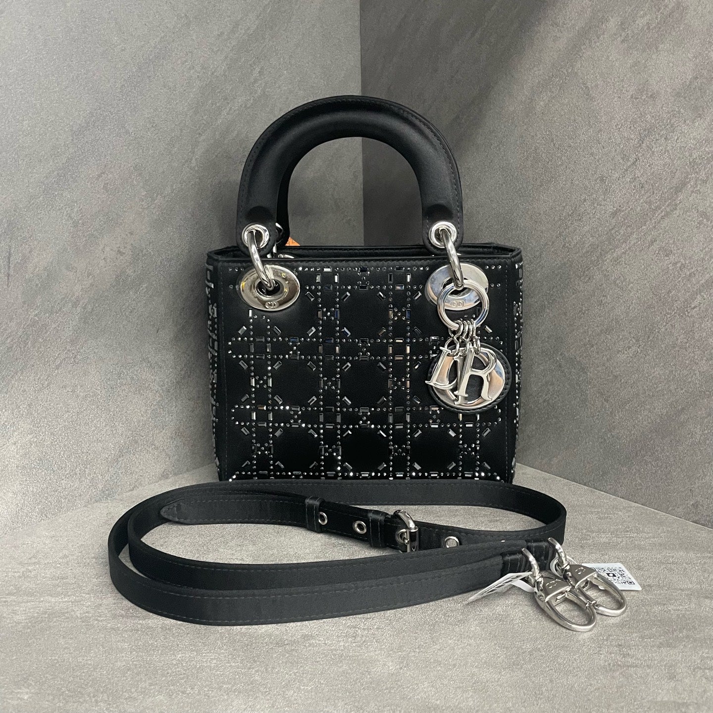 Dior Lady dior small size Satin silk with rhinestones black