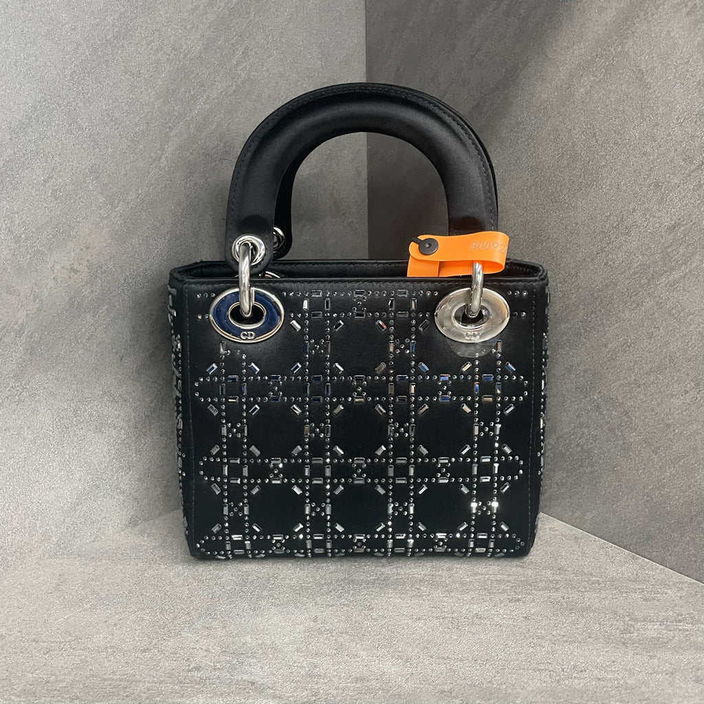 Dior Lady dior small size Satin silk with rhinestones black