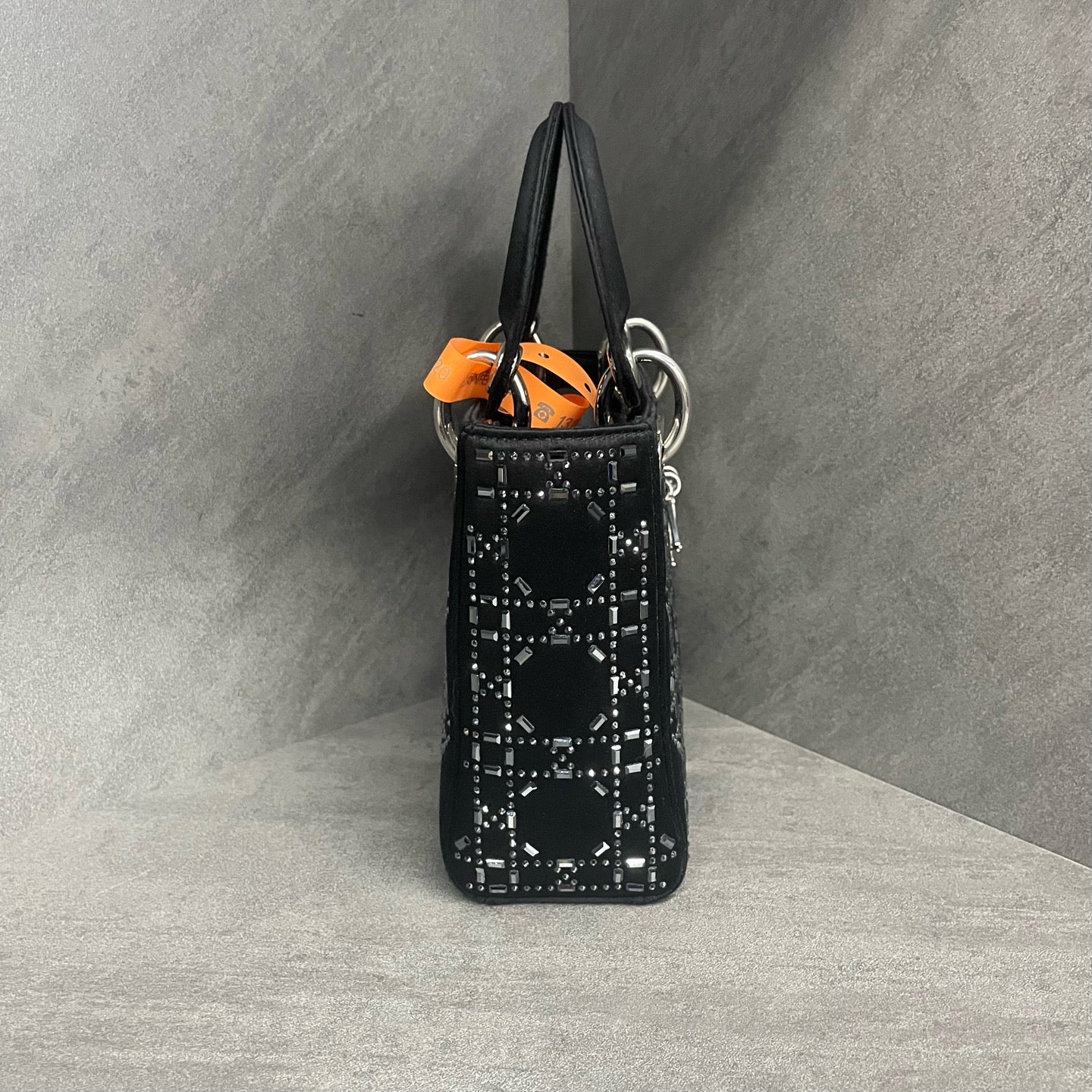 Dior Lady dior small size Satin silk with rhinestones black