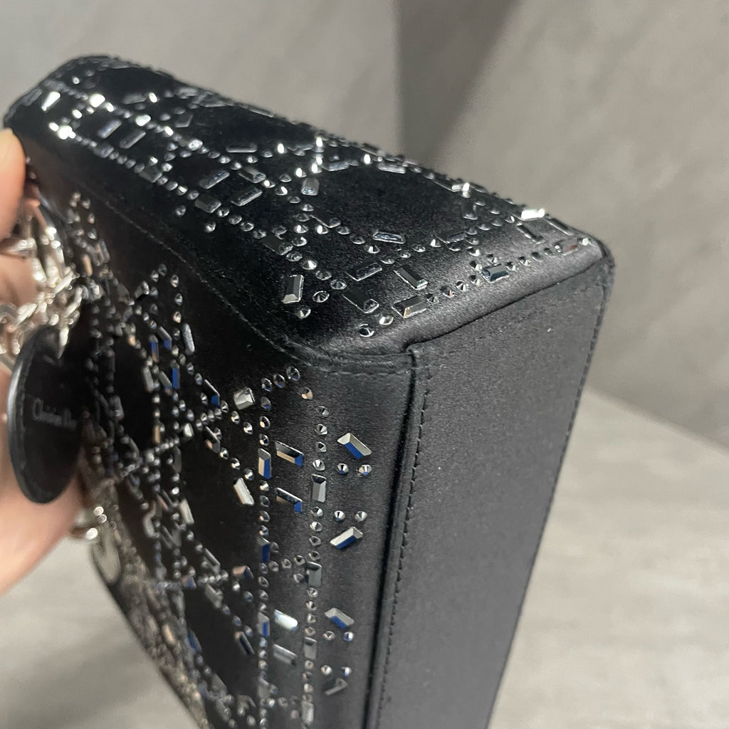 Dior Lady dior small size Satin silk with rhinestones black