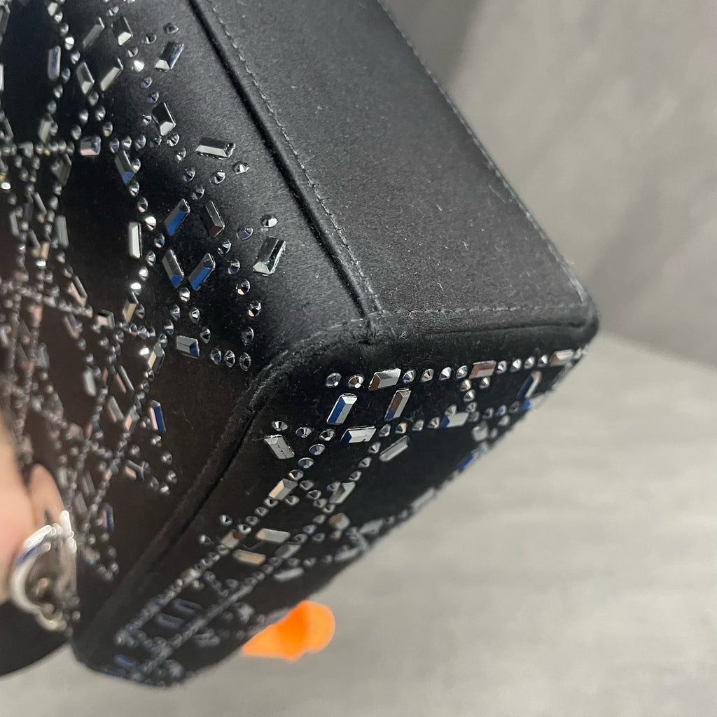 Dior Lady dior small size Satin silk with rhinestones black