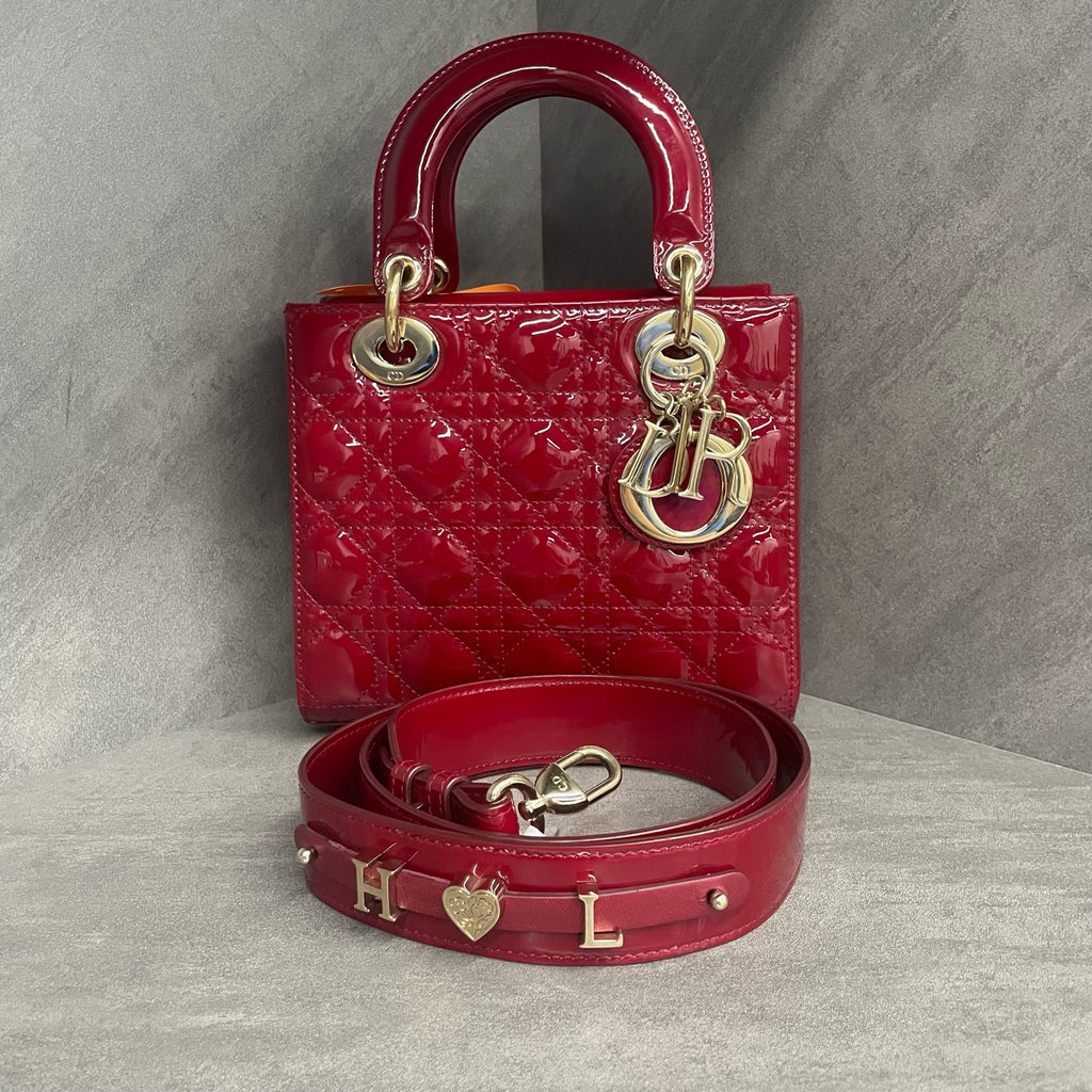 Dior Lady dior middle size Patent leather red Letter shoulder straps