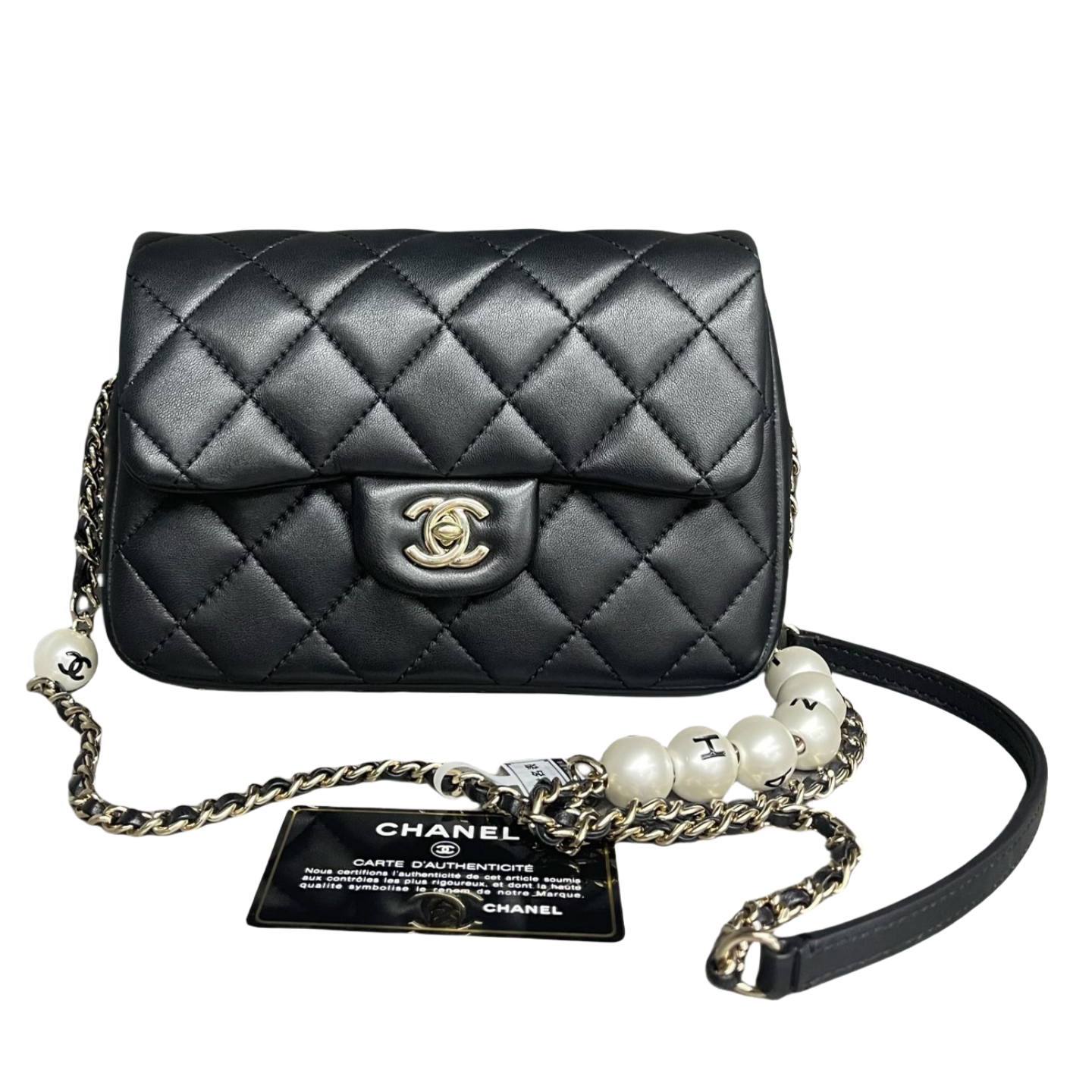 Chanel Classic Flap mini square sheepskin black-gold with Pearl chains