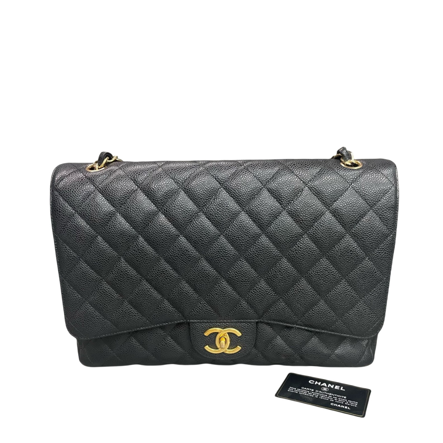 Chanel Classic Flap  lichee pattern cowhide Maxi Black-Gold