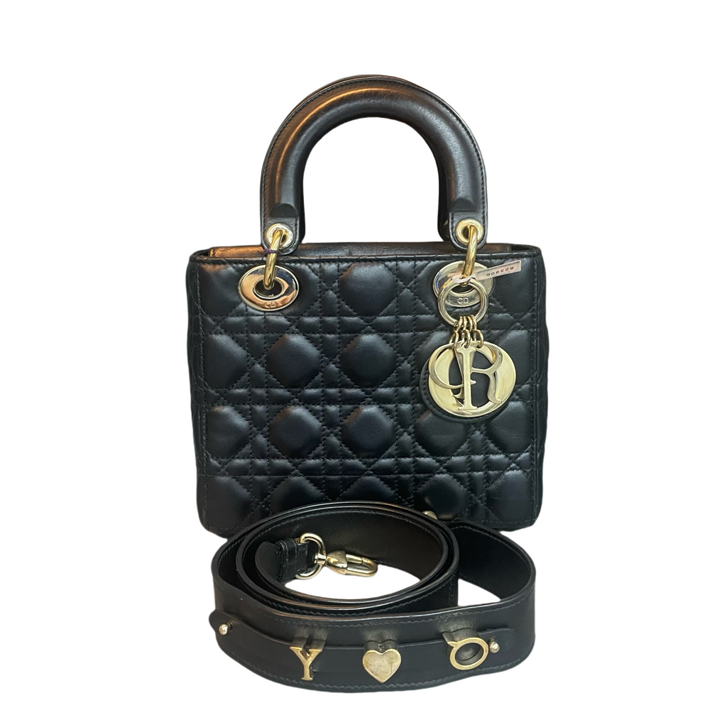 Dior Lady dior middle size sheepskin black gold with Letter shoulder straps